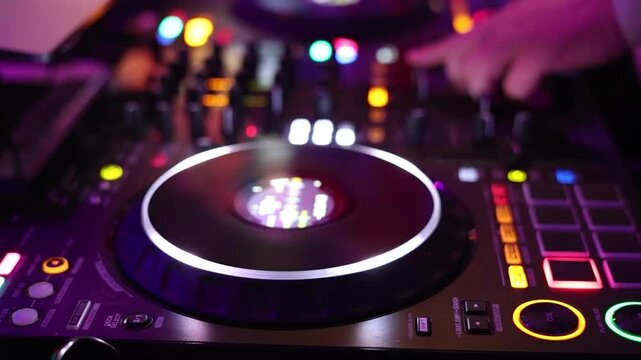Professional DJ Turntable in Nightclub with Colorful Bokeh Lights