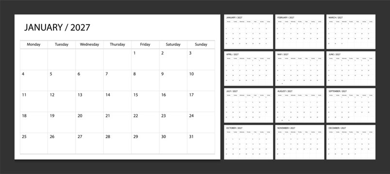 Calendar 2027 week start Monday corporate design planner template. Calendar planner 2027.