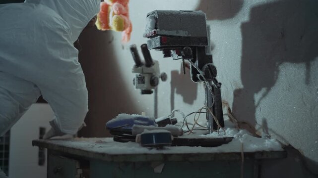 Dust covered microscope beside frosted wall, researcher in protective suit retrieves frozen vial from cluttered workbench, tangled wires and corroded metal, hanging toy near cracked plaster, radio