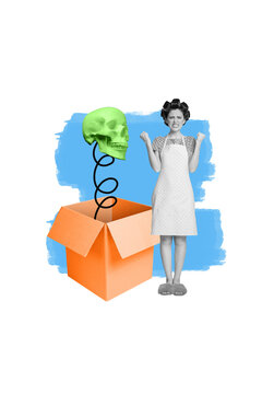 Vertical photo collage of angry girl wear housewife costume halloween fer party spiral skull toy peek box isolated on painted background