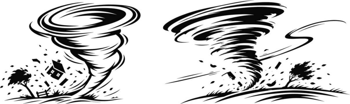 Tornado Windstorm Vortex Minimalist Black Ink Illustration.