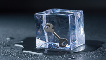 Fototapeta premium A metal key frozen within a clear ice cube, symbolizing access and security challenges.