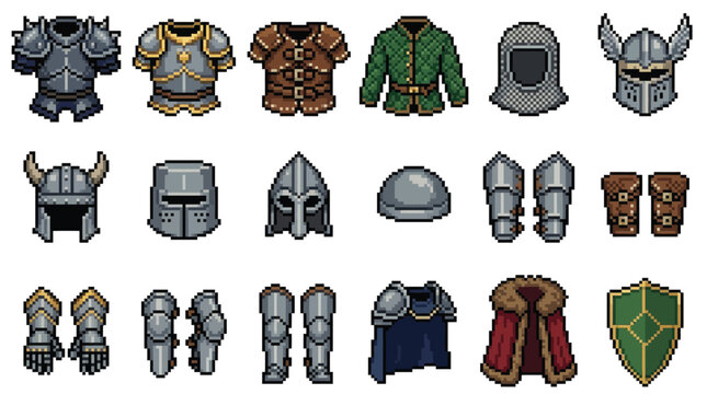Set of pixel art fantasy armor and equipment icons for role playing games.