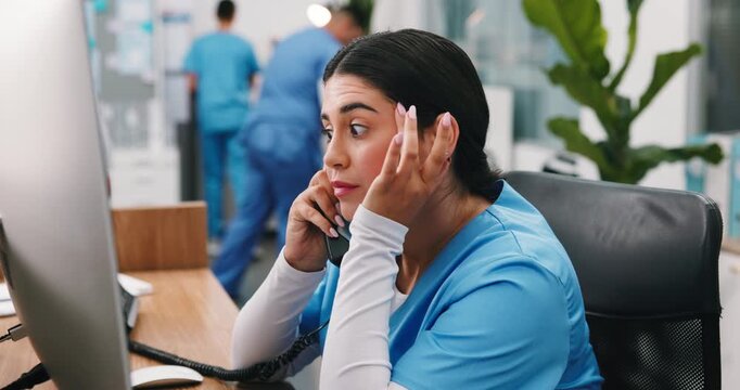 Phone call, woman and nurse with stress in hospital, healthcare headache and staff shortage. Telephone, person or medical receptionist with migraine, admin burnout or communication with computer