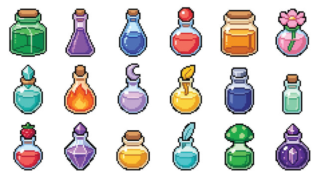 Set of various colorful fantasy pixel art potion bottles for game design.