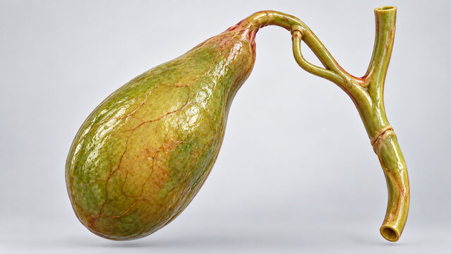 Anatomical model of human gallbladder with bile ducts on white background