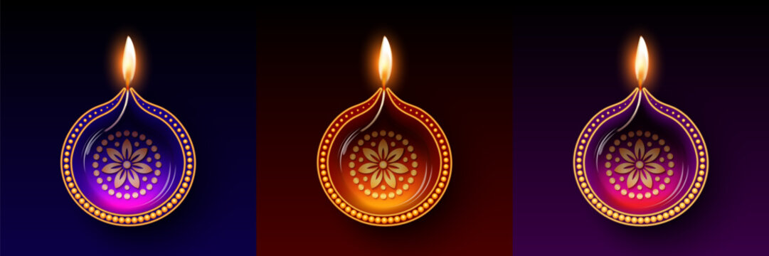 3 Decorative Indian diya oil lamps with bright flames and intricate floral patterns, displayed side by side in different glowing color combinations against dark red, purple and blue backgrounds.