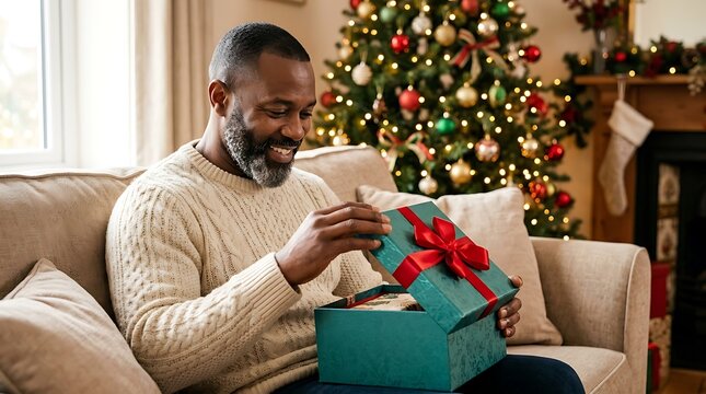 Mature african american man smiling joyfully while opening a festive holiday present box wearing cozy sweater sitting comfortably on couch indoors during seasonal winter celebration time
