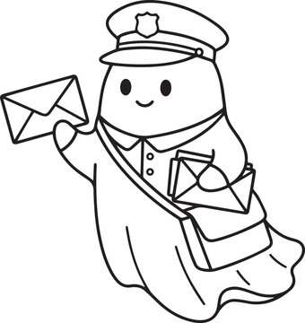 Cute ghost mailman delivering letters sketch drawing isolated on transparent background