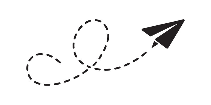 Paper plane flying with dashed line path shows conceptual route for message delivery and travel.