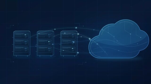 Dynamic cloud migration process with data transfer between servers and cloud storage illustrating modern digital infrastructure and technology