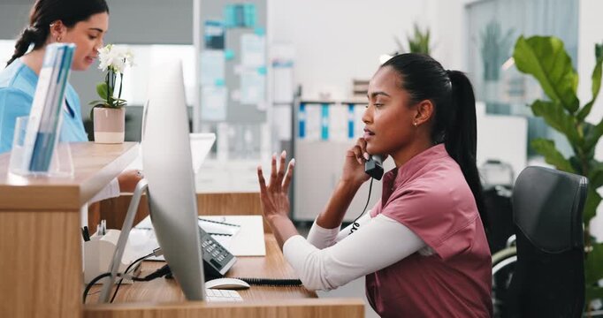 Women, nurse and call at reception with folder, appointment and contact patient for treatment. People, telephone or pc at clinic with document, medical inquiry and assistance for healthcare service