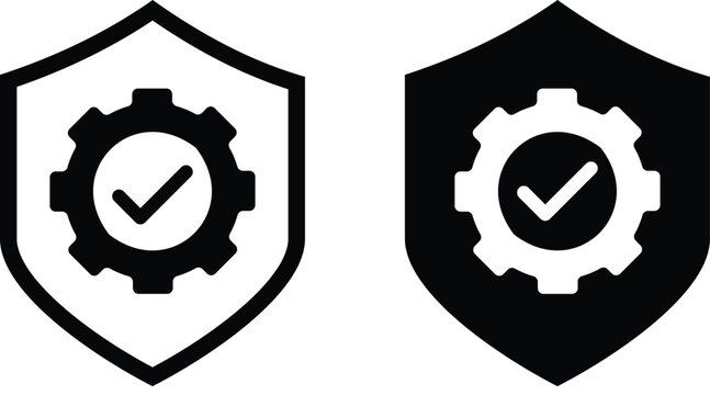 Security settings icon set. shield gear configuration protection symbols. maintenance system control sign vector