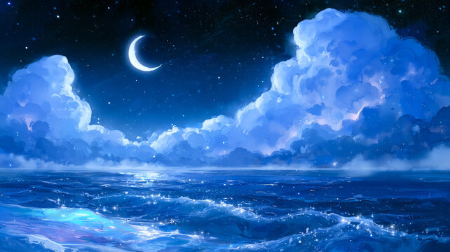 三日月が浮かぶ夜の海と大きな雲の幻想的な水彩イラスト