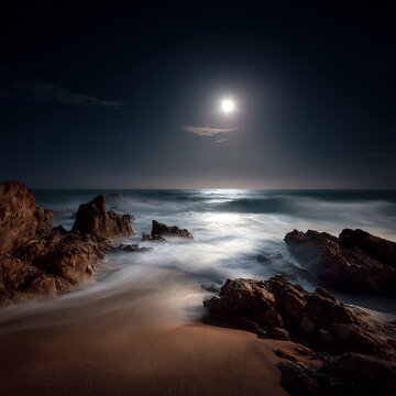 Lunar serenity: nocturnal seascape under a radiant moon casting ethereal light upon the shore