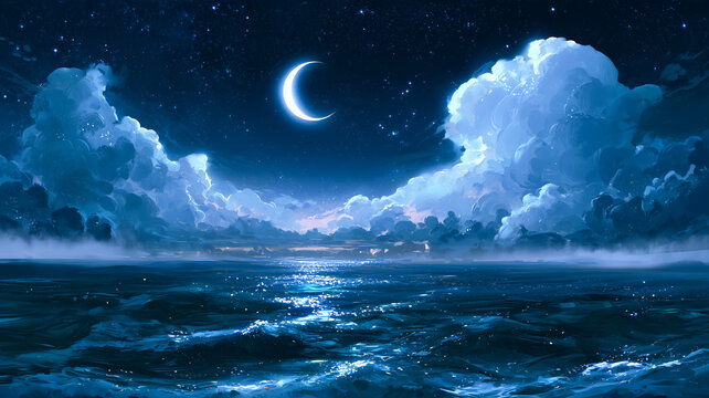 三日月が浮かぶ夜の海と大きな雲の幻想的な水彩イラスト