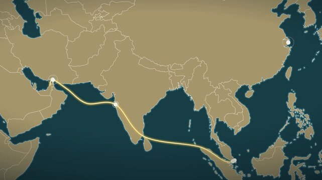 Oil tanker route from the Persian Gulf to East Asia on a night map