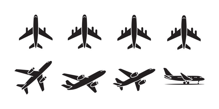 Dynamic airplane silhouettes illustrate takeoff landing and cruising phases for aviation design.