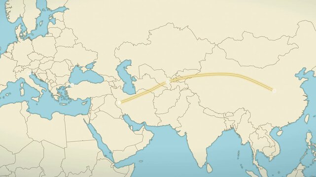 Historic trade route from China to Europe drawing itself on a map