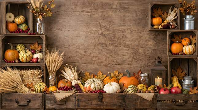 Rustic Thanksgiving Harvest Border Background with Pumpkins, Wheat and Wood Table