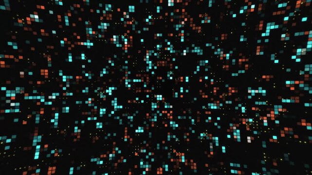 Abstract cyan and orange digital pixel particles flying through black space, futuristic technology data visualization with glowing square dots, dynamic cyber network tunnel, 4k motion background