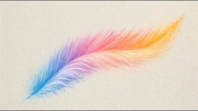 A colorful feather placed on a white background