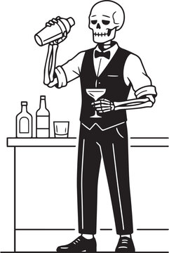 Skeleton bartender making a cocktail drink at a bar counter isolated on transparent background