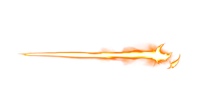 Fiery sword slash effect with glowing orange flame trail isolated on transparent background