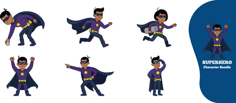Cartoon superhero character in various running and heroic poses with cape and mask