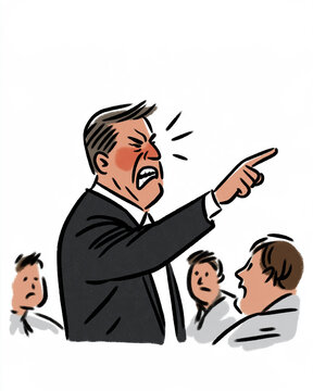 Angry Boss Yelling at Colleagues: An illustration depicting an enraged boss, face red with anger, shouting and pointing accusingly at his subordinates, who look on with dismay.