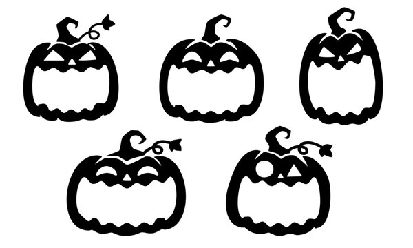 Minimal Black Jack O Lantern Icon Set, Halloween Pumpkin Silhouette Flat Vector Collection. Halloween pumpkin silhouette set vector illustration. Set pumpkin on white background. Pumpkin smile design