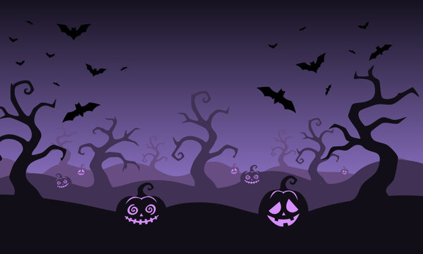 Happy Halloween holiday banner. Halloween scary vector illustration of field with pumpkins, trees and flying bats. Concept Halloween banner for cover, poster, card, social media, ads. Halloween design