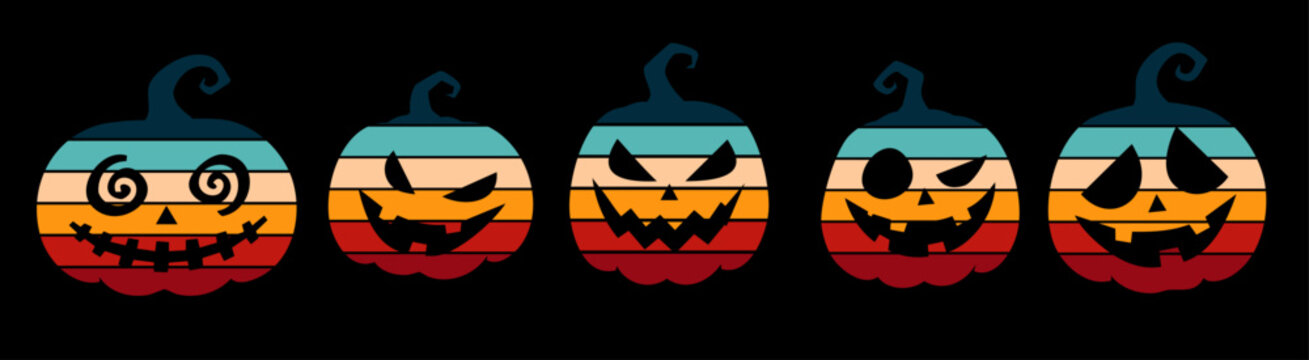 Retro sunset style Black Jack O Lantern Icon Set, Halloween Pumpkin Silhouette Flat Vector Collection. Halloween pumpkin silhouette set vintage 70s 80s colors. Eighties style Set pumpkin