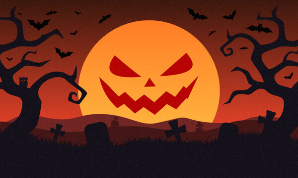 Happy Halloween holiday banner. Halloween scary vector illustration of field with pumpkins, trees and flying bats. Concept Halloween banner for cover, poster, card, social media, ads. Halloween design