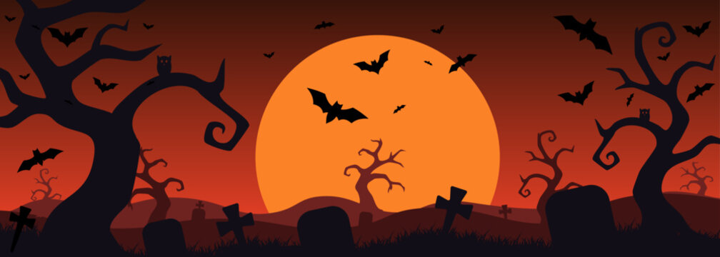 Happy Halloween holiday banner. Halloween scary vector illustration of field with pumpkins, trees and flying bats. Concept Halloween banner for cover, poster, card, social media, ads. Halloween design