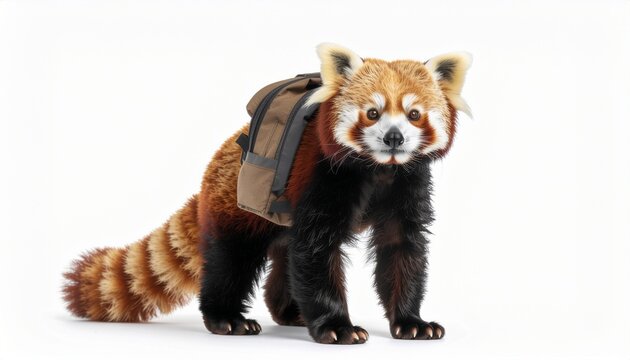 A cute red panda wearing a small backpack standing on white background.