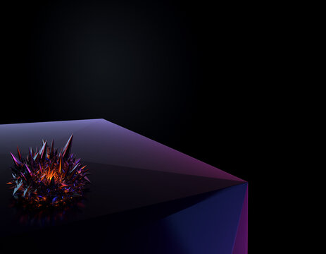 Futuristic purple cube with glowing spikes on black background for digital concepts