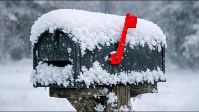 Snowy mailbox with a bright red handle, great for winter scenes or holiday themes