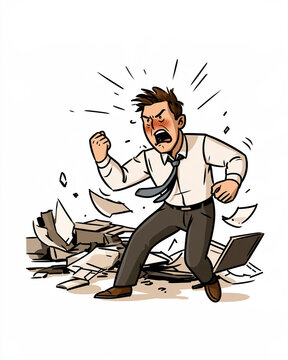 Overwhelmed Professional: A businessman in a white shirt and tie is depicted in a cartoon style, overcome with rage and frustration as he throws papers around his chaotic workspace.