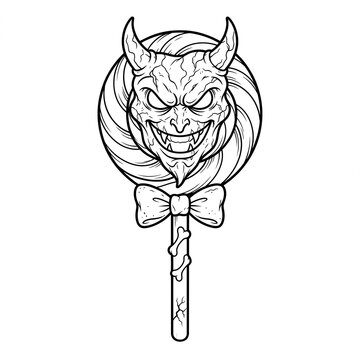 Creepy Halloween Devil Lollipop Line Art Vector Illustration Coloring Page Design for Kids and Adults Spooky Background