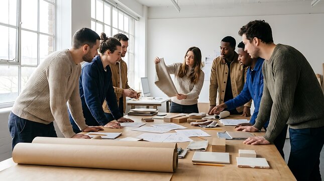 Diverse creative team collaborating around a large wooden table reviewing material samples and architectural blueprints together