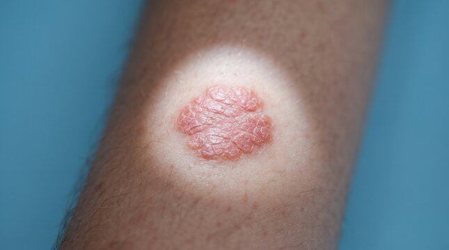 Nummular eczema or ringworm circular red scaly lesion on arm highlighted by spotlight