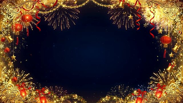 Golden fireworks frame border with empty dark night center new year celebration greeting card template loop