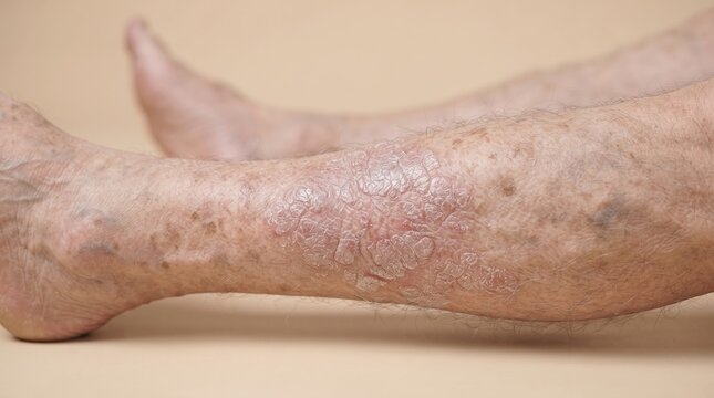 Extreme close up of a lower leg covered in a massive plaque of severe psoriasis vulgaris with thick silvery scales