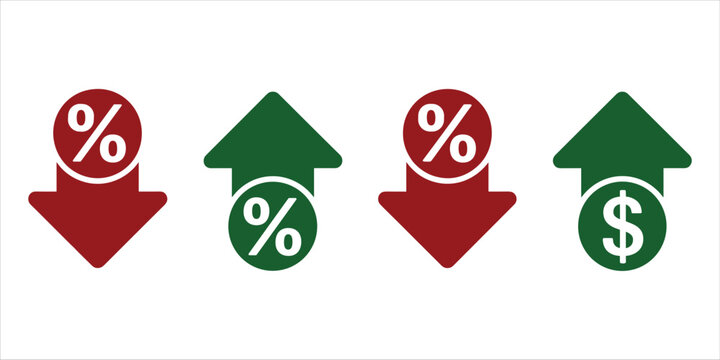 Four Icons Showing Percentage and Dollar Signs with Up and Down Arrows symbol