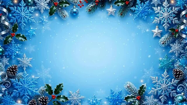 Blue silver snowflakes frosted pine branches frame border with empty soft blue center winter greeting card template