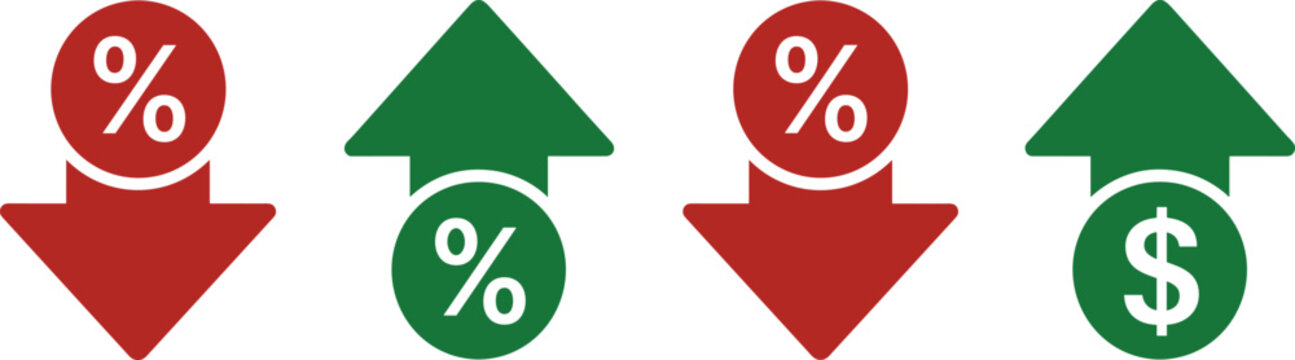 Four Icons Showing Percentage and Dollar Signs with Up and Down Arrows symbol