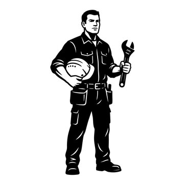 A strong mechanic or construction worker holds a wrench and hard hat, representing skilled labor and industrial professions.