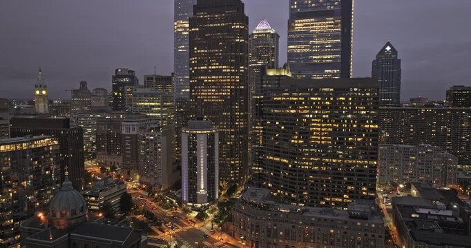 Philadelphia Pennsylvania Aerial v184 low rising flyover Logan Square in center city capturing historic charm and illuminated downtown cityscape at dusk - Shot with 5k Camera - Sept 28th 2023