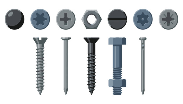 Metal screws bolts and nails hardware vector set. Wood screw, threaded bolt, hex nut, metallic pin, screw head drive types and fastener elements.